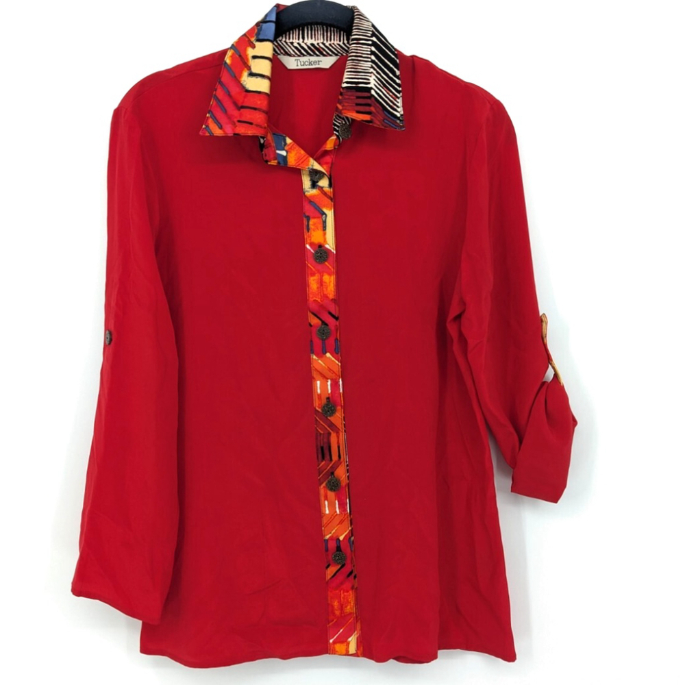 Tucker Silk Blouse Womens S‎ Red Button Up Artsy Eclectic Office Top